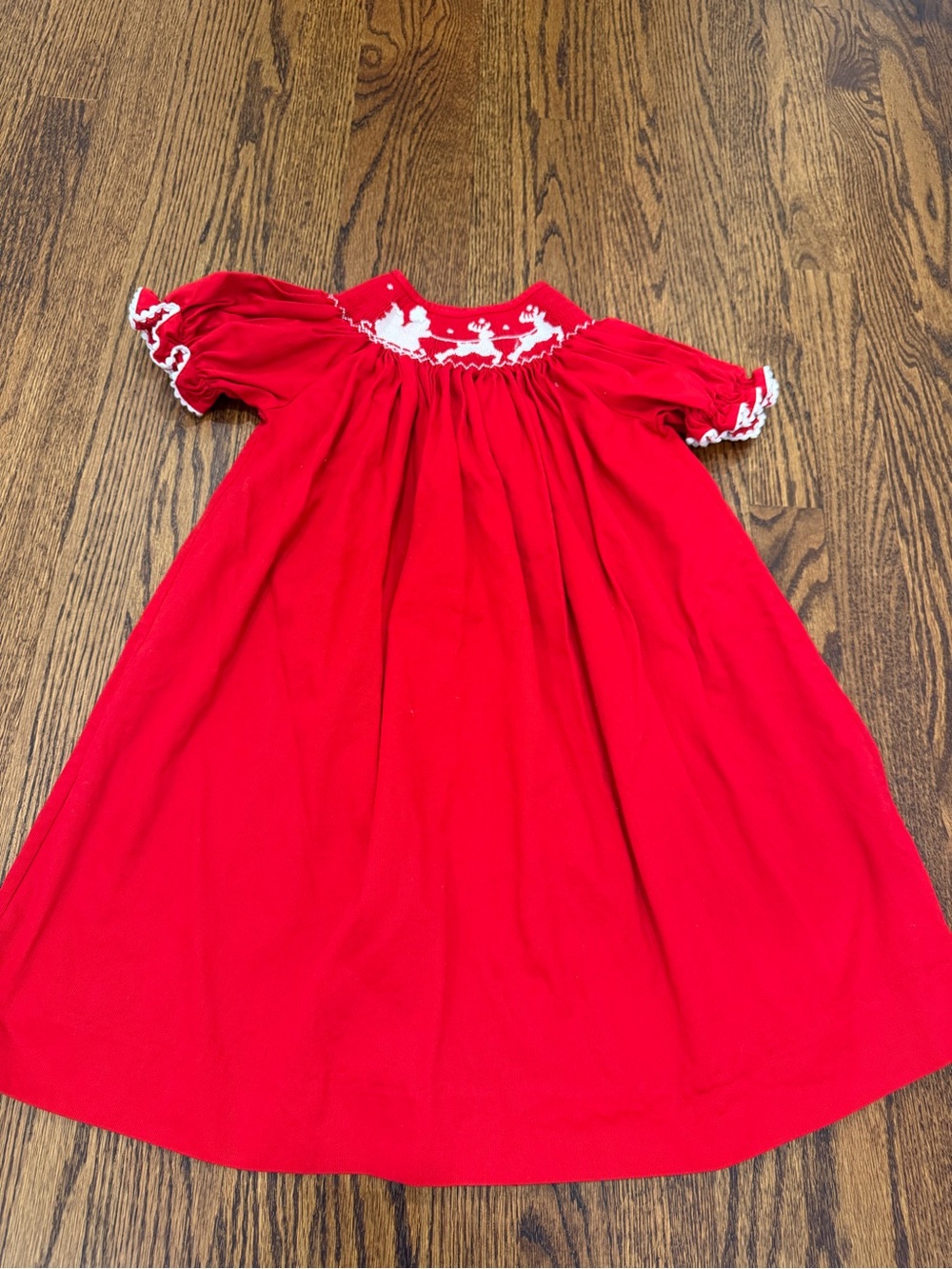 Girls Red Smocked Holiday Dress with White Trim Accents